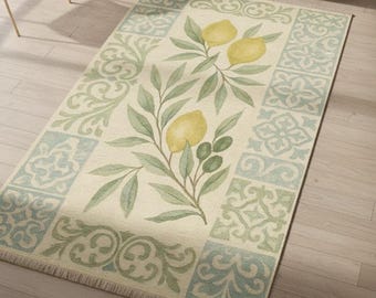 Tapete de cozinha mediterrâneo com limões e azeitonas, tapete de algodão lavável, decoração boho italiana para sala de jantar 274