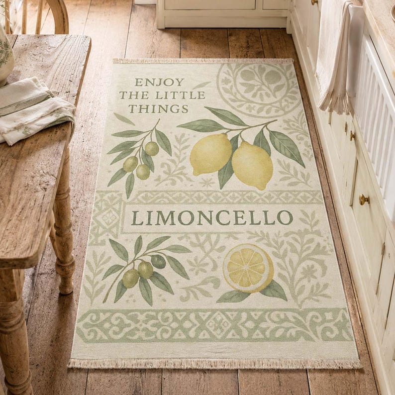 Tapete de cozinha Limoncello Lemon, estampa botânica em azulejo com citação de ramo de oliveira em tons de creme sálvia, decoração de fazenda italiana mediterrânea. imagem 6