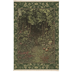 May include: A rectangular tapestry featuring a forest scene with a path leading into the woods. The tapestry has a green border with floral designs. The forest scene includes trees, foliage, and mushrooms, with a color palette of greens, browns, and reds.