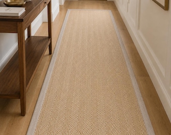 Beige Herringbone Sisal Hallway Runner: Beige Border, Custom Size Made to Order