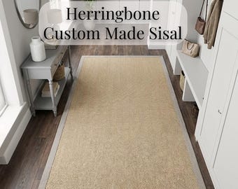 Custom Size Handmade Sisal Rug with Beige Fabric Border, Natural Fiber Herringbone Flatweave Carpet, Eco Friendly Neutral Area Rug