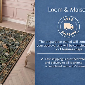 The image is a collage of two images. The left image shows a large, intricately designed rug with a floral pattern, and the right image is a blue background with white text and a logo.