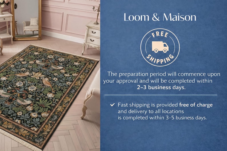 The image is a collage of two images. The left image shows a large, intricately designed rug with a floral pattern, and the right image is a blue background with white text and a logo.