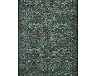 Traditional Green Base Washable Rug with Floral and Leaf Motifs, Fringed Recycled Cotton Carpet, Non Slip Digital Print Custom Size Rug 143