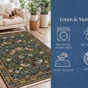 The image is a collage of a living room with a rug featuring a floral pattern, and a blue background with white text and icons highlighting the rug's features.