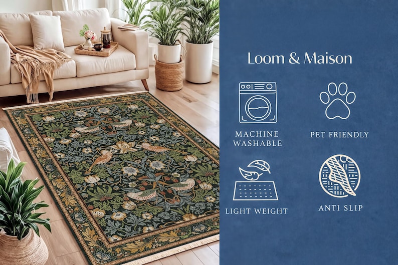 The image is a collage of a living room with a rug featuring a floral pattern, and a blue background with white text and icons highlighting the rug's features.