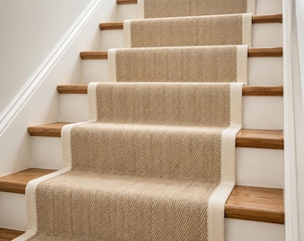 Beige Herringbone Sisal Stair Runner: Cream Border, Custom Size