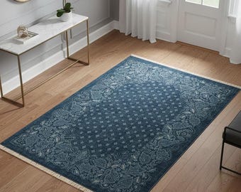 French Style Dark Blue Floral Rug for Bedroom or Living Room – Washable Elegant Carpet Gift for Vintage Lovers & Classic Home Decor 293