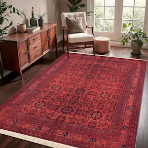 Oriental Boho Rug: Red Vintage Pattern - Washable Cotton, Non Slip