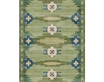 70s Inspired Green Vintage Washable Rug with Anatolian Kilim Motif Printed Röllakan