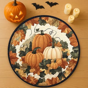 Round Pumpkin Halloween Rug with Autumn Leaves Fall Harvest Theme Washable Cotton Carpet Thanksgiving  Rustic Farmhouse Home Decor 002