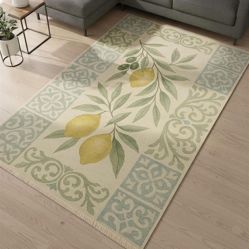 a rug with a lemon and leaf design, placed on a wooden floor in a living room setting.