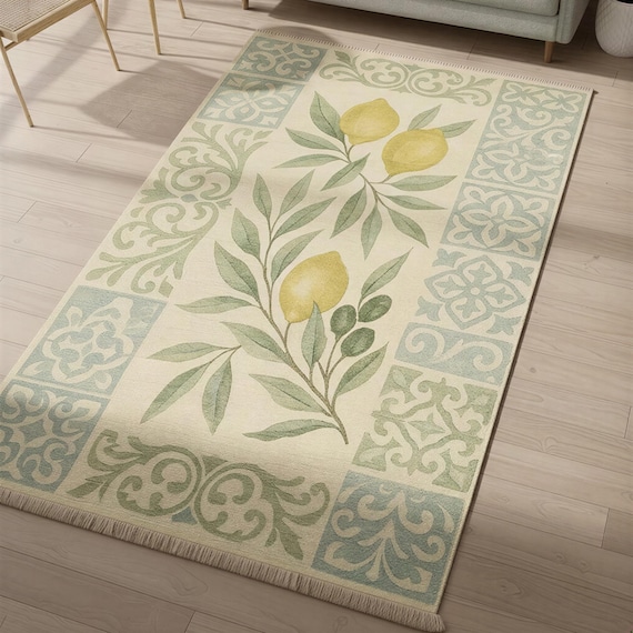 Mediterranean Area Rug: Lemon and Olive Pattern Cotton, Washable