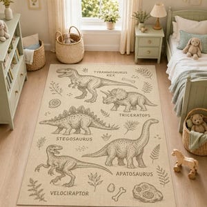 Puede incluir: Una alfombra rectangular con fondo beige que presenta dibujos lineales detallados de dinosaurios, incluyendo un Tyrannosaurus Rex, Triceratops, Stegosaurus, Apatosaurus y Velociraptor, cada uno etiquetado con su nombre en texto negro.