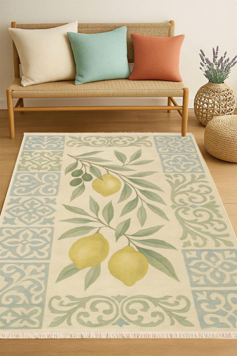 a living room with a beige bench, a rug with a lemon tree design, and various decorative elements such as a woven basket and a vase with flowers.