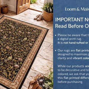 The image is a digital advertisement for Loom & Maison, featuring a large rug with a floral pattern and text providing an important notice about the rug.