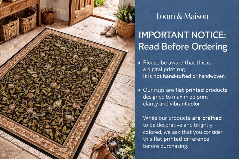 The image is a digital advertisement for Loom & Maison, featuring a large rug with a floral pattern and text providing an important notice about the rug.