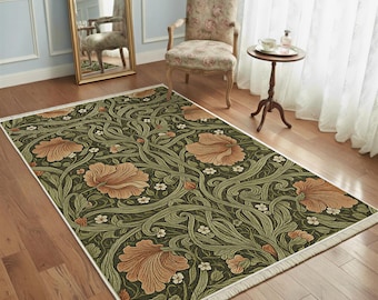 William Morris Vintage Floral Rug, Art Nouveau Style Washable Olive Green Botanical