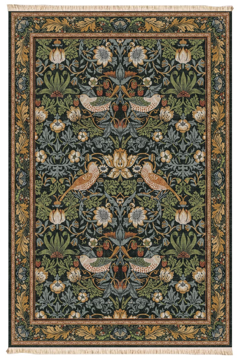 a large, ornate rug with a floral and bird motif. The rug has a dark green background with intricate floral patterns and birds in shades of brown and white. The rug is framed by a gold border, adding to its decorative and luxurious appearance.