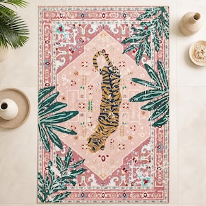 Tappeto lavabile in stile Kilim vintage con tigre in movimento e foglie tropicali