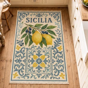 Sicilian Lemon Olive Rug - Botanical and Maiolica Tile Design