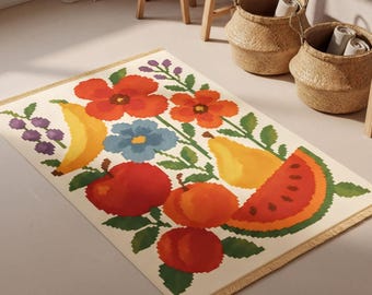 Vintage Style Fruit Rug - Pixel Flowers on Soft Beige