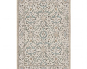 William Morris Style Floral Rug, Cream and Sage Green Washable, Non Slip