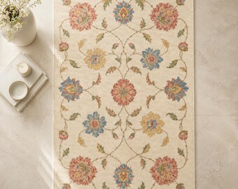 Elfenbeinfarbener Chrysanthemen-Rankgitter-Teppich, Vintage-Blumenmuster, traditionelle Dekoration