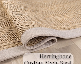 Custom Size Herringbone Sisal Rug Runner with Beige Fabric Border, Handmade Bordered  Flatweave Area Carpet,