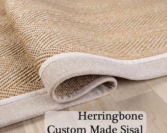 Natural Sisal Herringbone Rug with Handmade Beige Fabric Border Runner , Eco-friendly Flatwoven Carpet for Living Room Hallway Office Decor