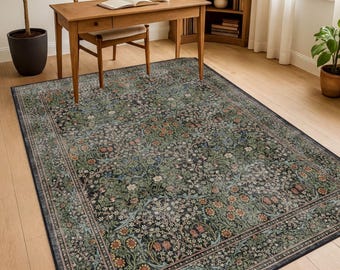 Vintage Green Floral Rug with Birds and Botanical Motif Inspired by William Morris