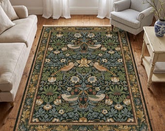 William Morris Strawberry Thief Rug, Dark Green Gold Birds Berries Botanical Print