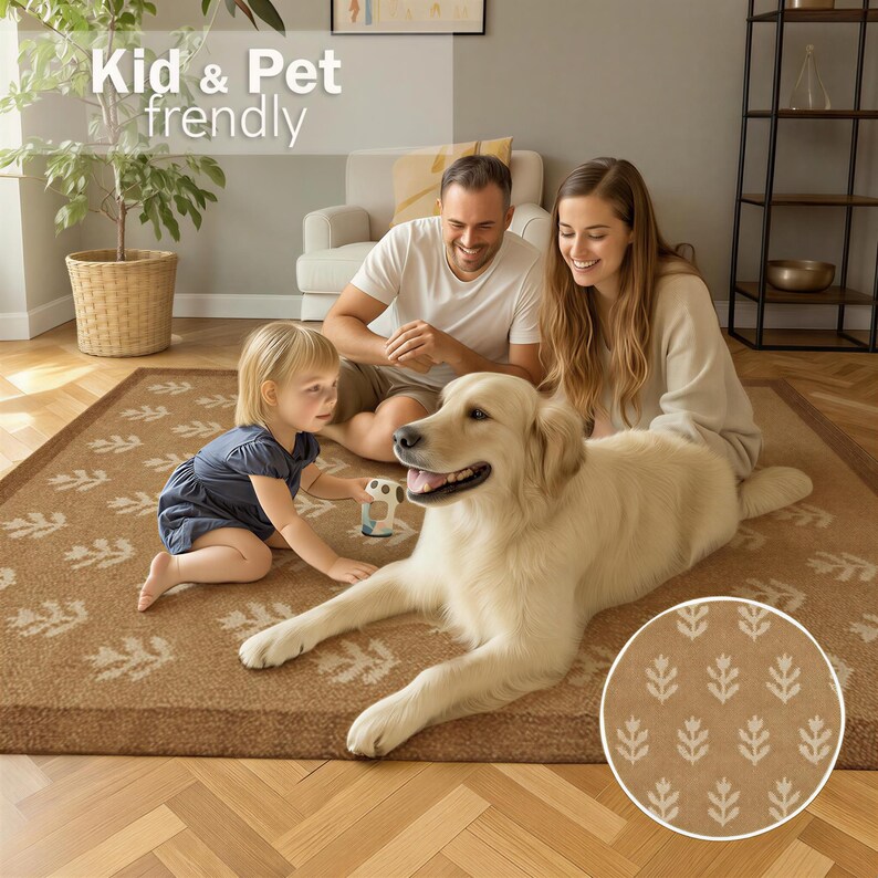 A family of three - a man, a woman, and a young girl - sitting on a rug in a cozy living room, with a large golden retriever dog lying down next to them.