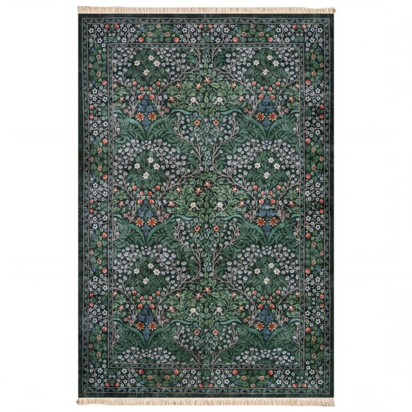 Traditional Green Base Washable Rug, Floral and Leaf Motifs Non Slip Digital Print