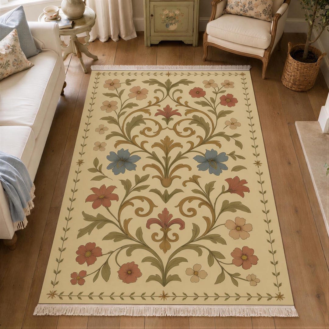 Scroll Rugs Cream Floral Scroll Rug, Renaissance Acanthus Botanical Vine Print ...