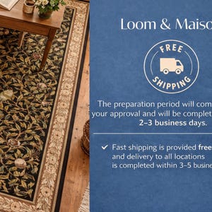 The image is a collage of two images. The left image shows a rug with a floral pattern, and the right image is a blue background with text and a logo.