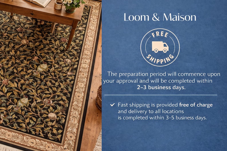 The image is a collage of two images. The left image shows a rug with a floral pattern, and the right image is a blue background with text and a logo.