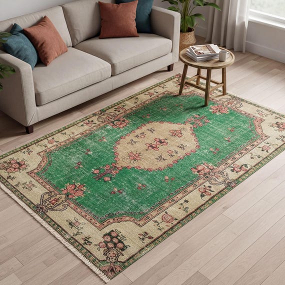 Vintage Green Rug With Floral Medallion Oriental Style Carpet Rustic Bohemian