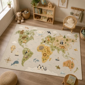 May include: A rectangular area rug featuring a world map illustration in muted earth tones. The map displays continents in shades of green and tan, decorated with various animal illustrations, trees, hot air balloons, and a compass rose.