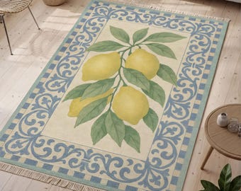 Pastel Lemon Branch Rug with Fringes and Border Soft Mediterranean Style Eco Cotton