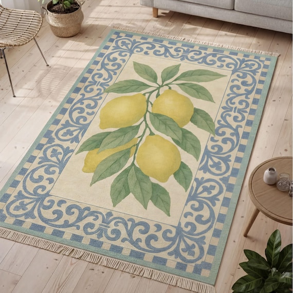 Pastel Lemon Branch Rug with Fringes and Border Soft Mediterranean Style Eco Cotton
