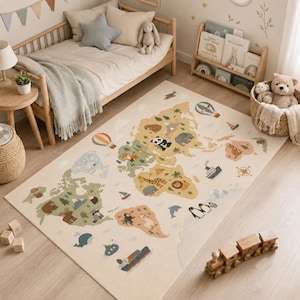 May include: A rectangular area rug featuring a world map illustration in muted earth tones. The map displays continents in shades of green, yellow, and peach, decorated with various animal figures, hot air balloons, and ships across the oceans.