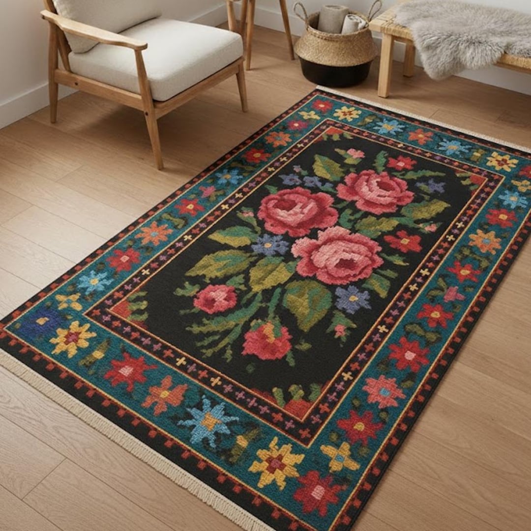 Balcanic Rug Vintage Balkan Floral Rug With Colorful Cross Stitch Pattern, Gift Rug ...