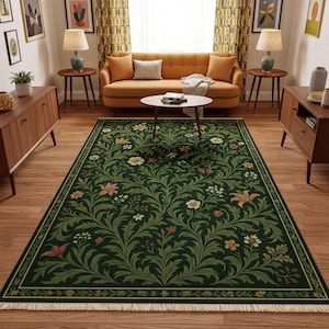 Tappeto floreale botanico verde scuro per soggiorno – Lavabile, stile William Morris