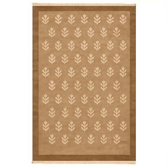 Minimalist Botanical Cotton Rug, Beige Floral Pattern Washable, Non-Slip