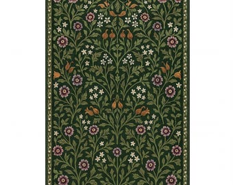 90's William Morris Style Floral Rug Deep Green | Washable Vintage Botanical Carpet
