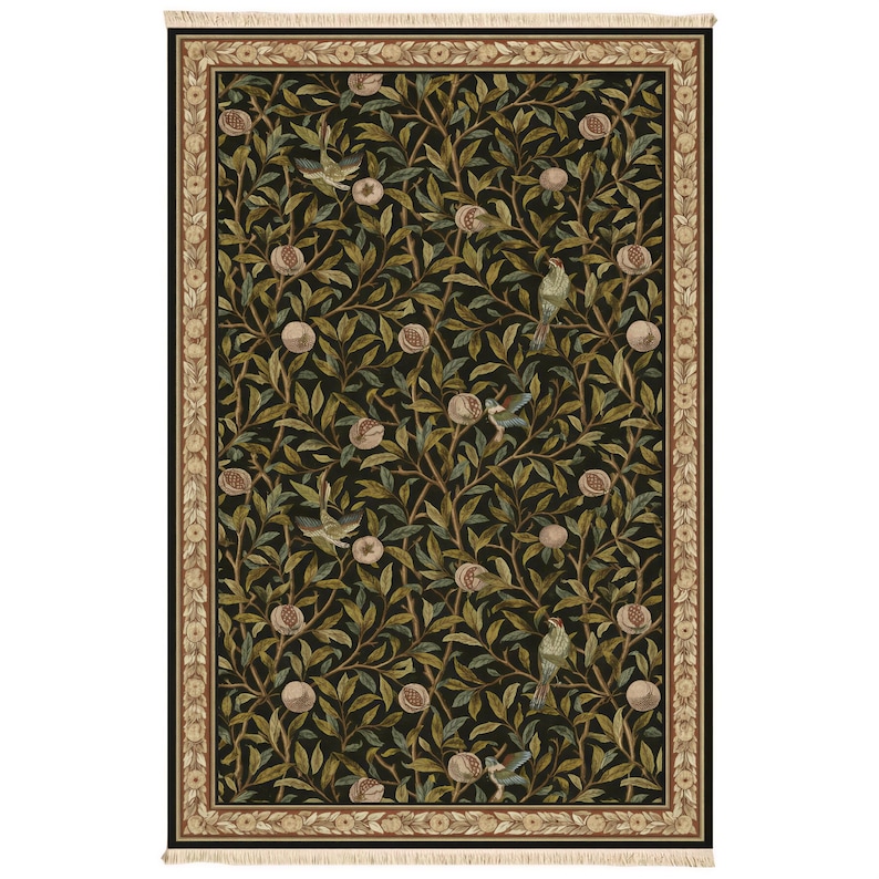 a decorative rug with a repeating pattern of leaves and peaches.