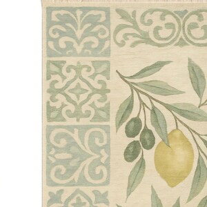 a decorative rug with a lemon and leaf motif.
