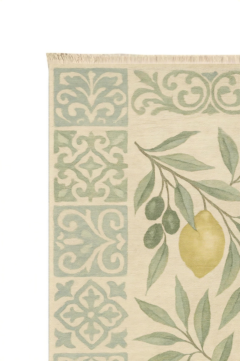 a decorative rug with a lemon and leaf motif.
