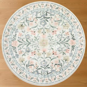 Round Floral Rug: Bright Multicolor Pattern - Washable Recycled Cotton